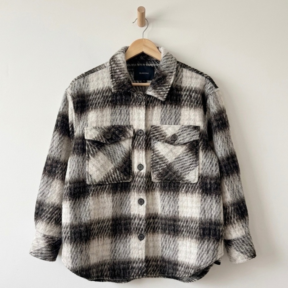 Glassons Womens Small Black Gray Plaid Wool Blend Button Front Shacket‎ Jacket